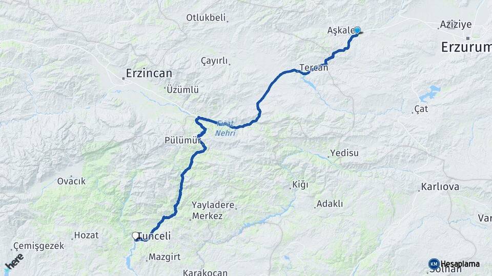 Erzurum Aşkale Tunceli Arası Kaç Km - Yol Haritası