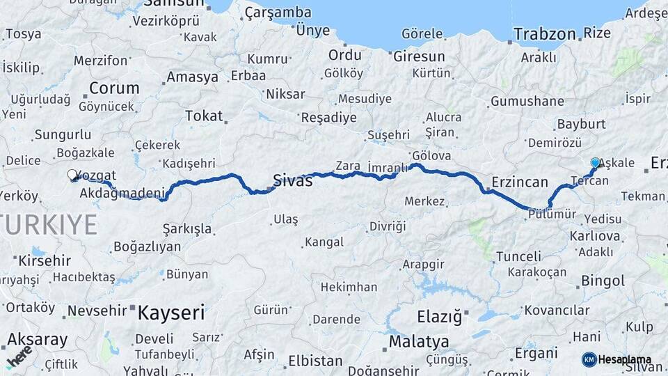Erzurum Aşkale Yozgat Arası Kaç Km - Yol Haritası