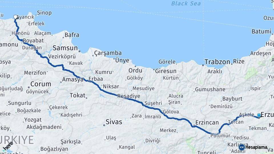 Erzurum Ayancık Sinop Arası Kaç Km - Yol Haritası