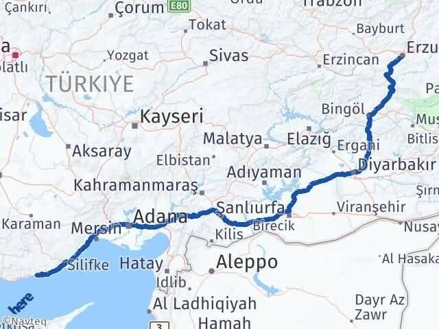 Erzurum Aydıncık Mersin Arası Kaç Km - Yol Haritası