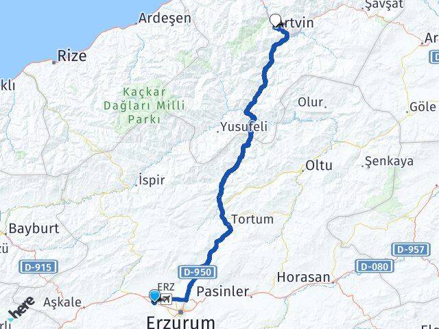 Erzurum Aziziye Artvin Arası Kaç Km - Yol Haritası