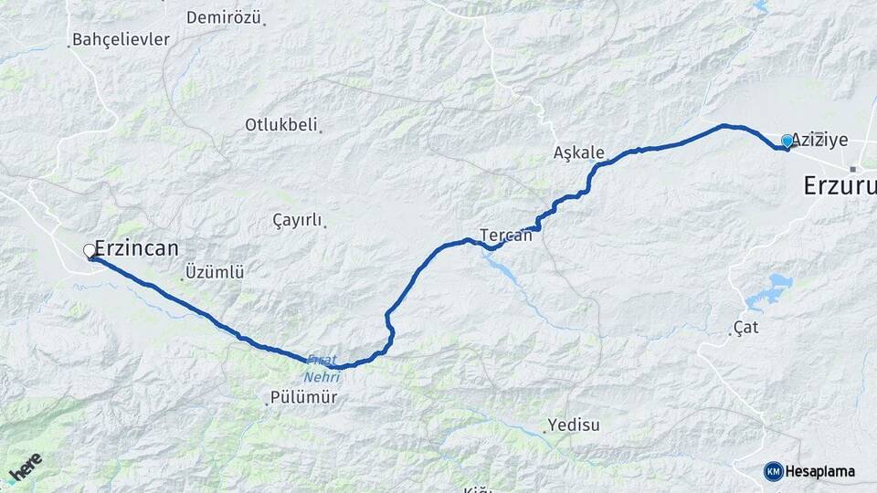 Erzurum Aziziye Erzincan Arası Kaç Km - Yol Haritası