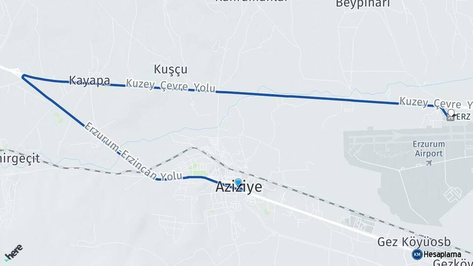 Erzurum Aziziye Erzurum Havalimanı Arası Kaç Km - Yol Haritası