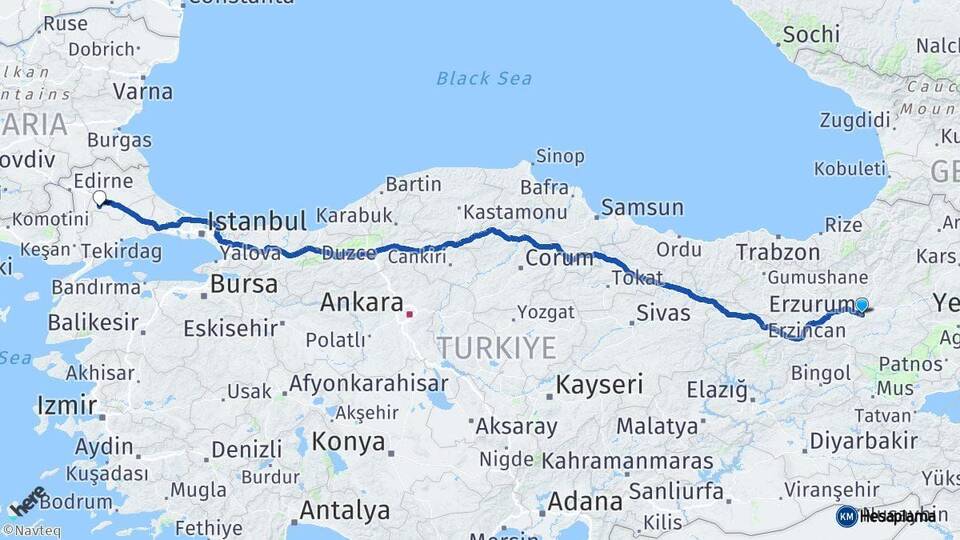 Erzurum Babaeski Kırklareli Arası Kaç Km - Yol Haritası