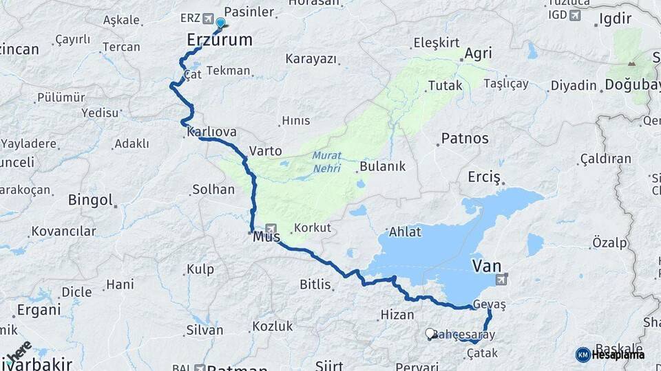 Erzurum Bahçesaray Van Arası Kaç Km - Yol Haritası