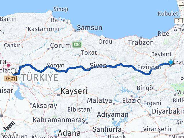 Erzurum Bala Ankara Arası Kaç Km - Yol Haritası