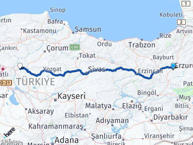 Erzurum Balışeyh Kırıkkale Arası Kaç Km - Yol Haritası