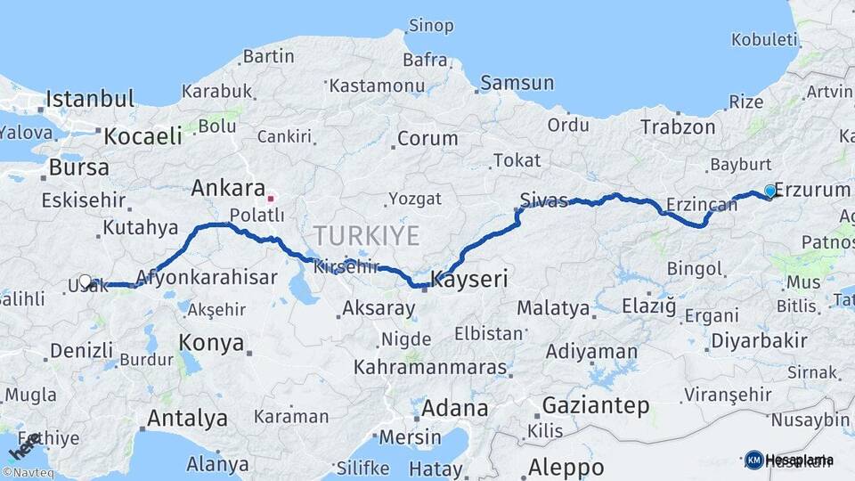 Erzurum Banaz Uşak Arası Kaç Km - Yol Haritası