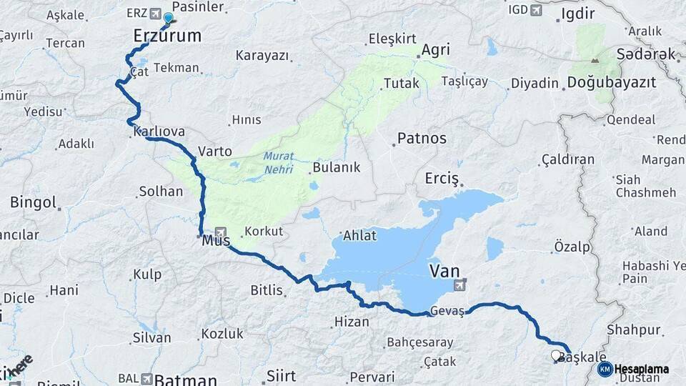 Erzurum Başkale Van Arası Kaç Km - Yol Haritası