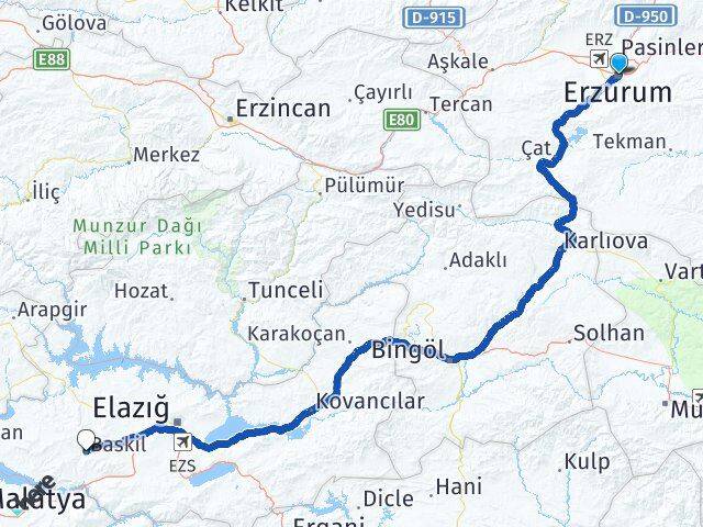 Erzurum Baskil Elazığ Arası Kaç Km - Yol Haritası