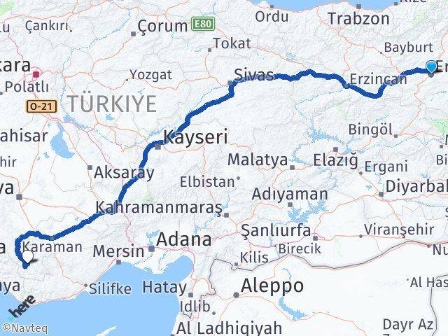 Erzurum Başyayla Karaman Arası Kaç Km - Yol Haritası