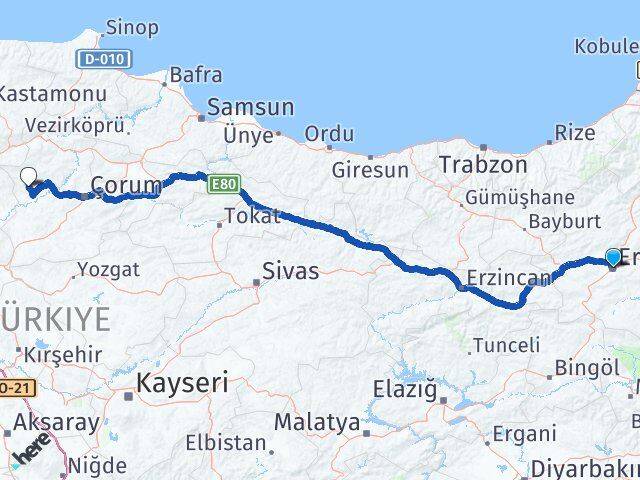 Erzurum Bayat Çorum Arası Kaç Km - Yol Haritası