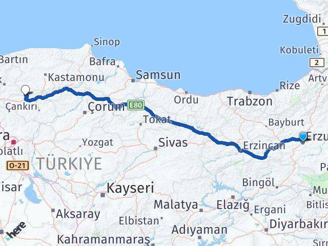 Erzurum Bayramören Çankırı Arası Kaç Km - Yol Haritası