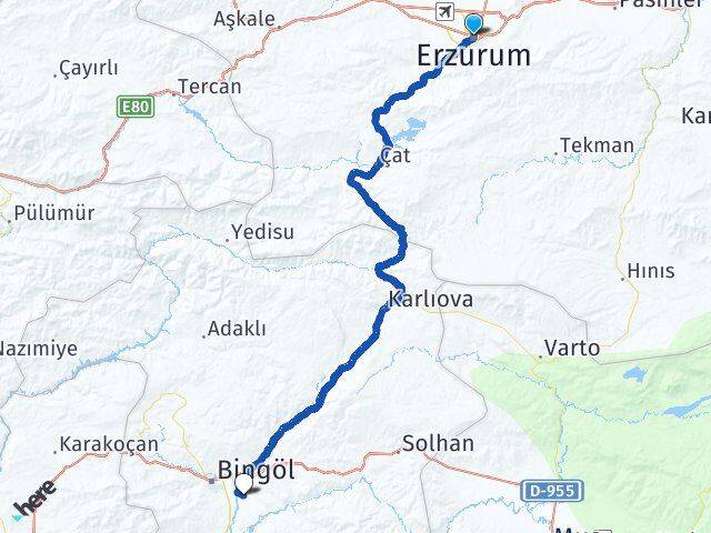 Erzurum Bingöl Havalimanı Arası Kaç Km - Yol Haritası