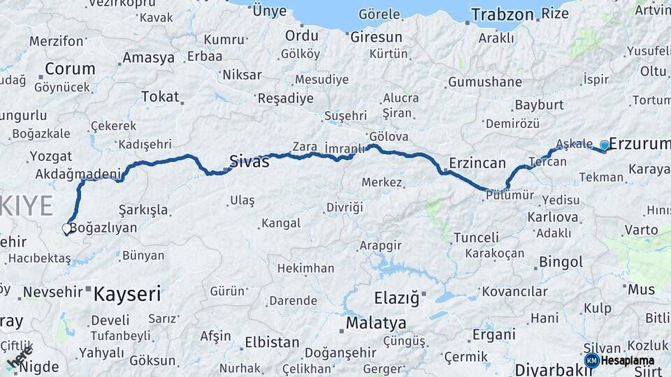 Erzurum Boğazlıyan Arası Kaç Km - Yol Tarifi
