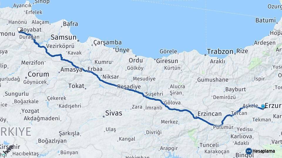 Erzurum Boyabat Sinop Arası Kaç Km - Yol Haritası