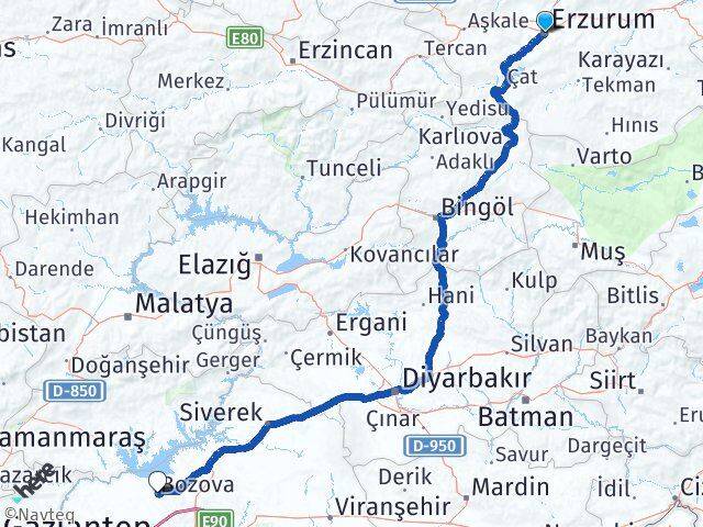 Erzurum Bozova Şanlıurfa Arası Kaç Km - Yol Haritası