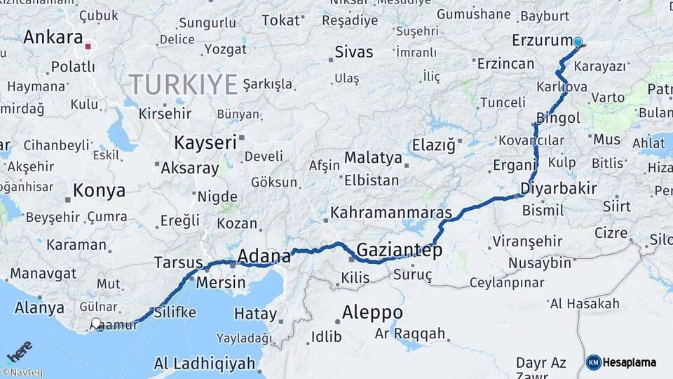 Erzurum Bozyazı Mersin Arası Kaç Km - Yol Haritası