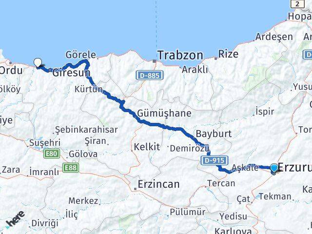 Erzurum Bulancak Giresun Arası Kaç Km - Yol Haritası