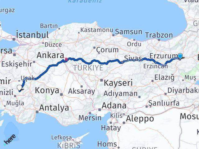 Erzurum Çal Denizli Arası Kaç Km - Yol Haritası