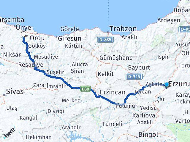 Erzurum Çamaş Ordu Arası Kaç Km - Yol Haritası