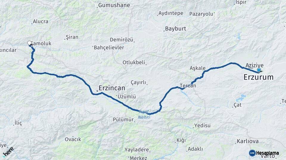 Erzurum Çamoluk Giresun Arası Kaç Km - Yol Haritası