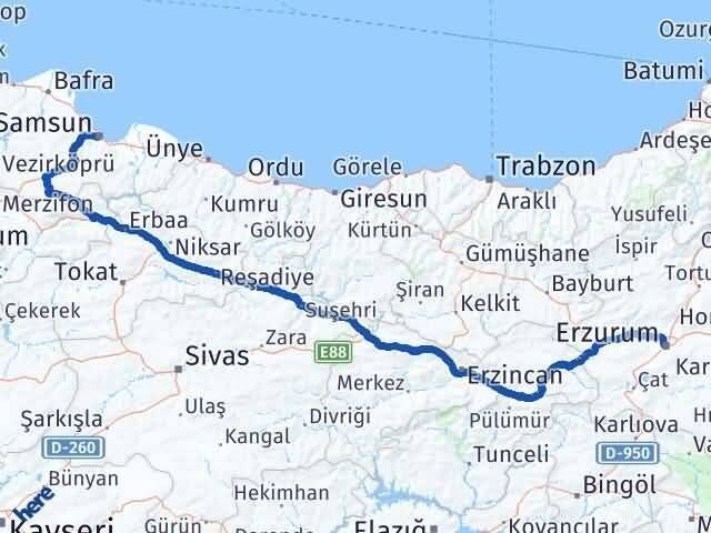 Erzurum Canik Samsun Arası Kaç Km - Yol Haritası