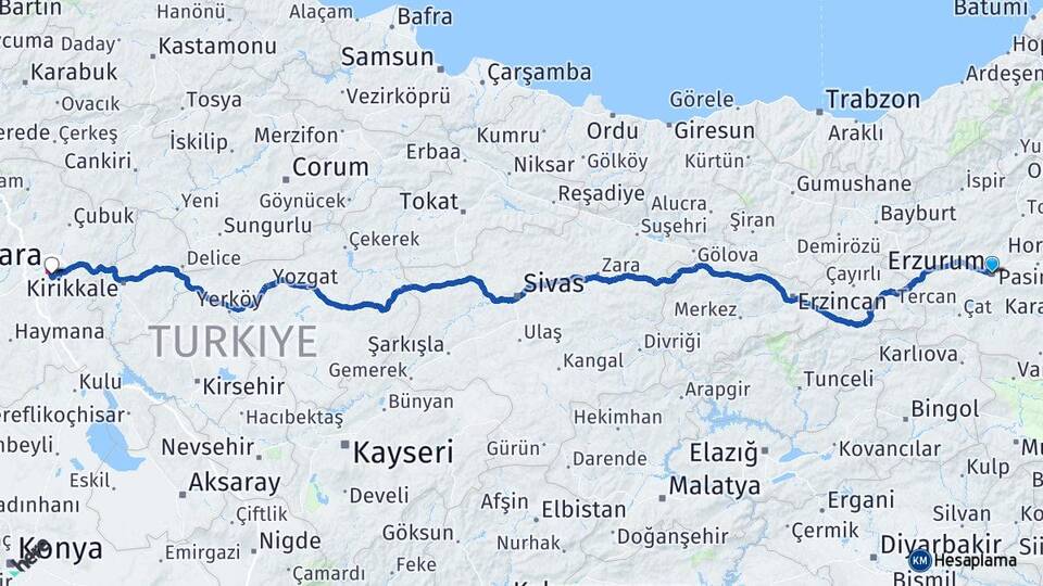 Erzurum Çankaya Ankara Arası Kaç Km - Yol Haritası