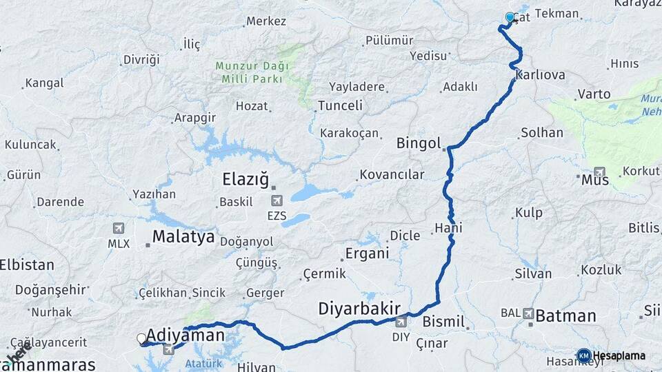 Erzurum Çat Adıyaman Arası Kaç Km - Yol Haritası