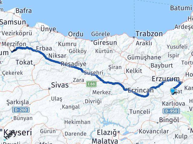 Erzurum Çat Amasya Arası Kaç Km - Yol Haritası