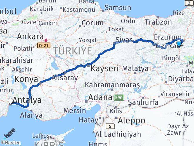 Erzurum Çat Antalya Arası Kaç Km - Yol Haritası