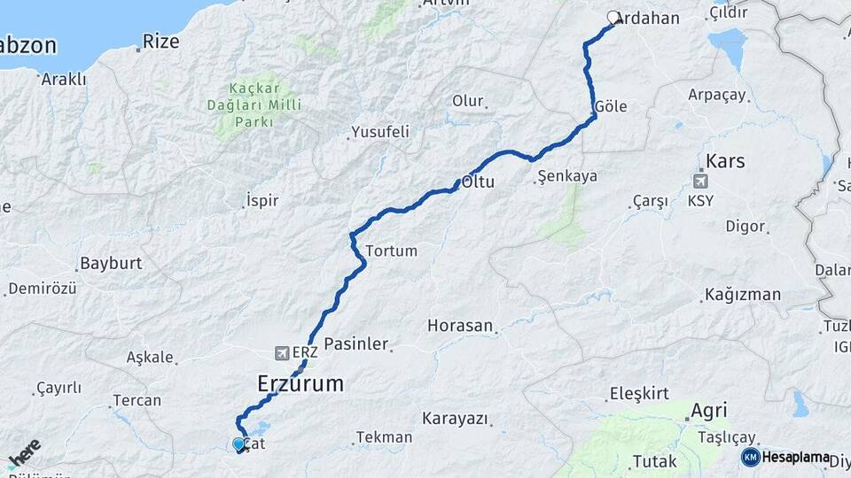 Erzurum Çat Ardahan Arası Kaç Km - Yol Haritası