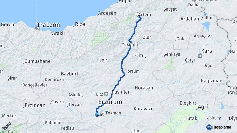 Erzurum Çat Artvin Arası Kaç Km - Yol Haritası