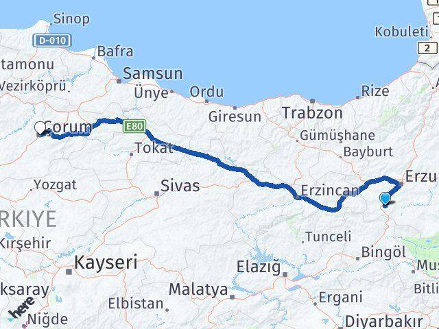 Erzurum Çat Çorum Arası Kaç Km - Yol Haritası