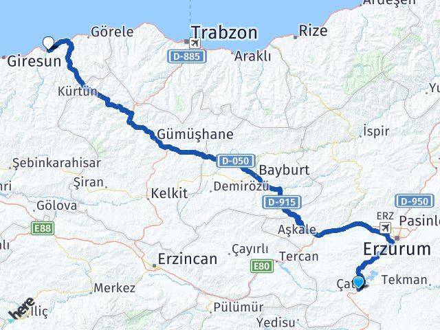 Erzurum Çat Espiye Giresun Arası Kaç Km - Yol Haritası