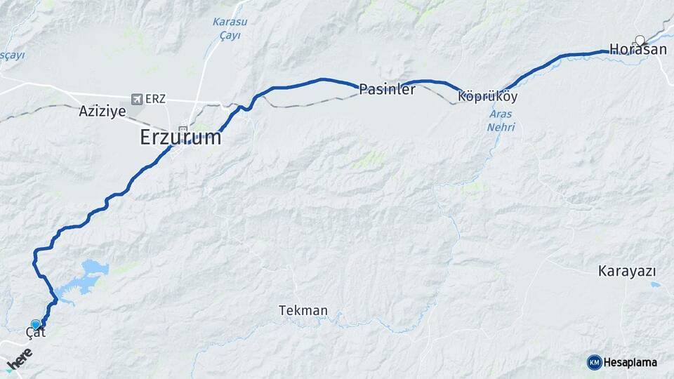 Erzurum Çat Horasan Arası Kaç Km - Yol Haritası