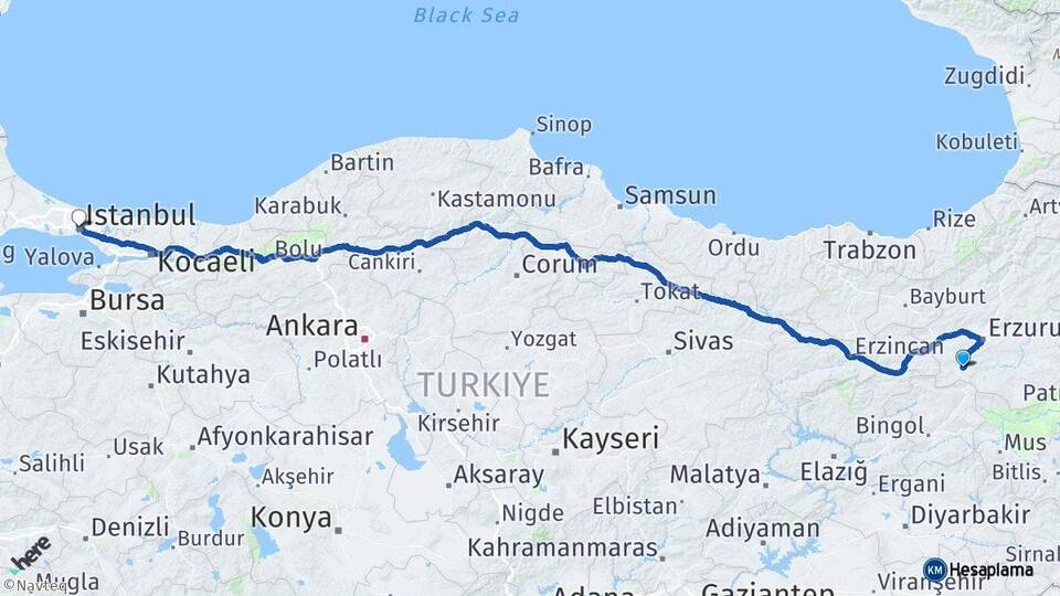Erzurum Çat İstanbul Arası Kaç Km - Yol Haritası