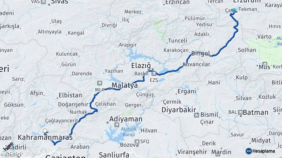 Erzurum Çat Kahramanmaraş Arası Kaç Km - Yol Haritası