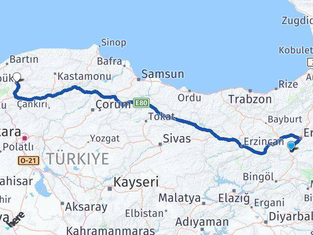 Erzurum Çat Karabük Arası Kaç Km - Yol Haritası