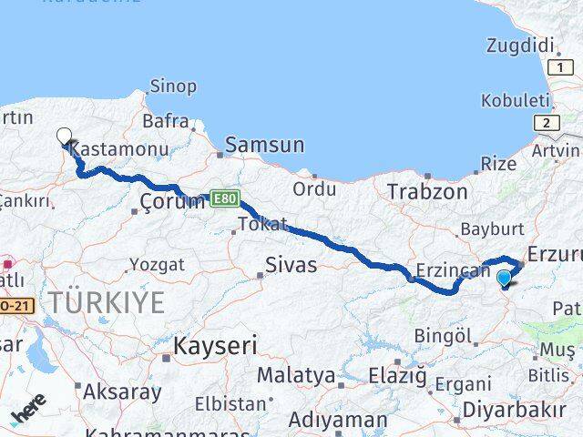 Erzurum Çat Kastamonu Arası Kaç Km - Yol Haritası