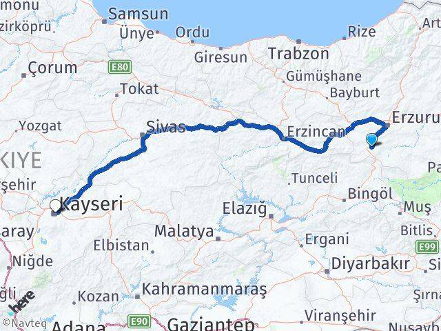 Erzurum Çat Kayseri Arası Kaç Km - Yol Haritası