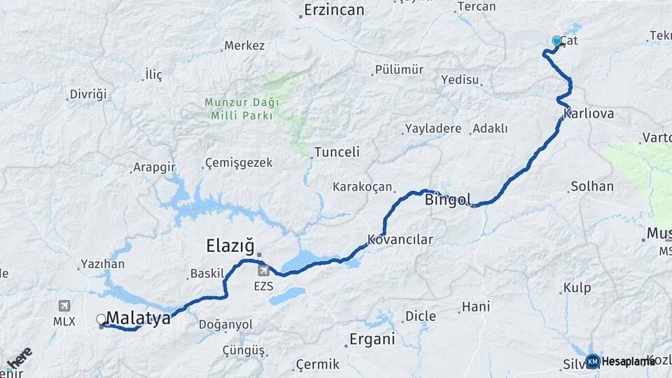 Erzurum Çat Malatya Arası Kaç Km - Yol Haritası