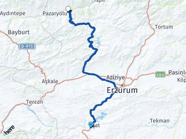 Erzurum Çat Pazaryolu Arası Kaç Km - Yol Haritası