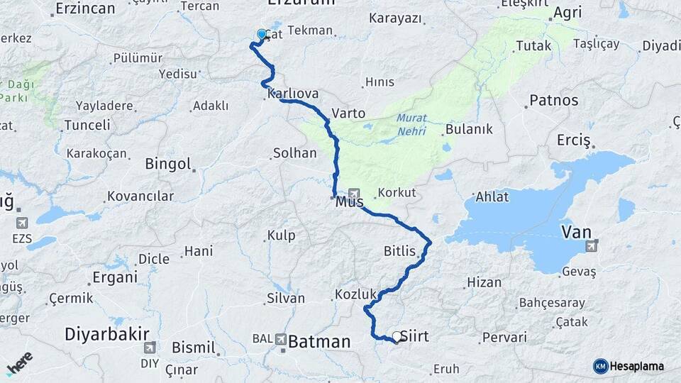 Erzurum Çat Siirt Arası Kaç Km - Yol Haritası