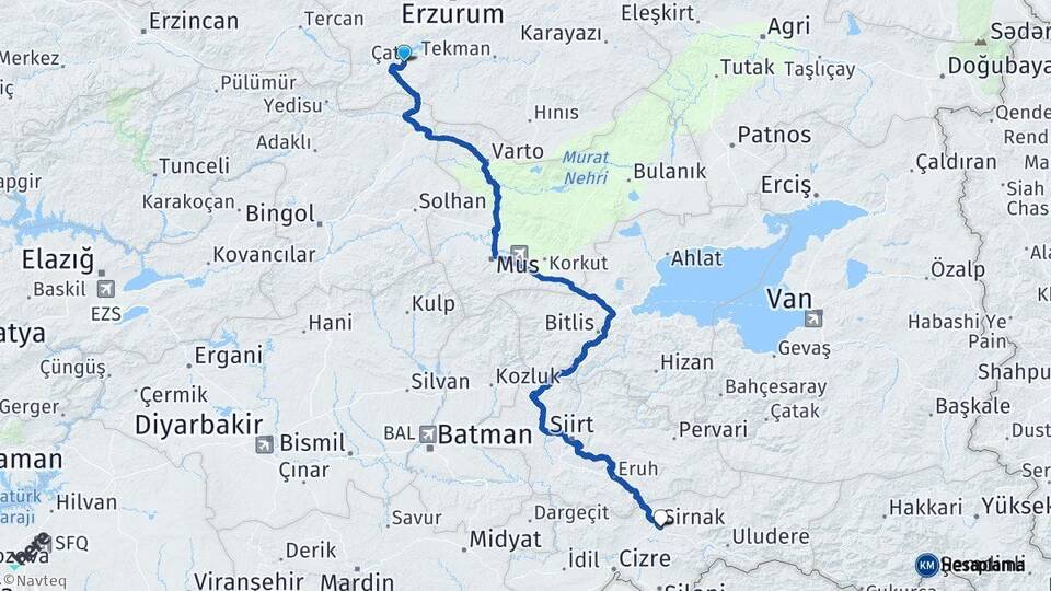 Erzurum Çat Şırnak Arası Kaç Km - Yol Haritası
