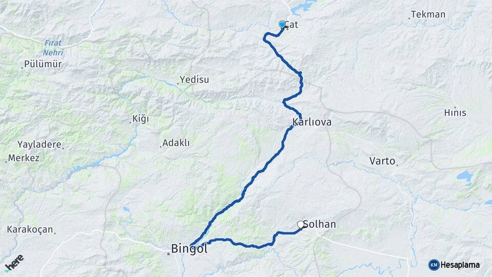 Erzurum Çat Solhan Bingöl Arası Kaç Km - Yol Haritası