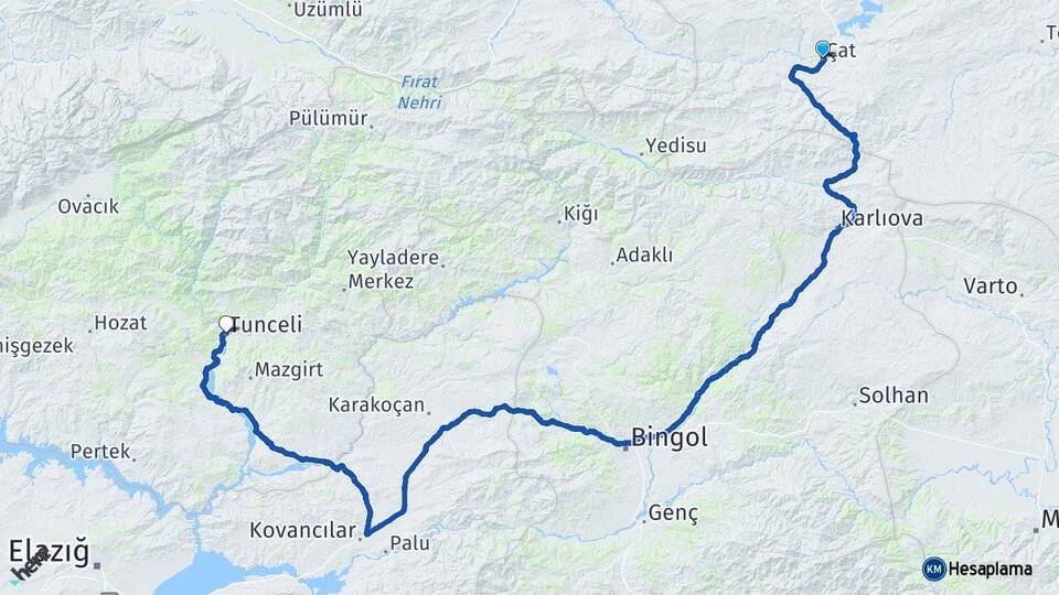 Erzurum Çat Tunceli Arası Kaç Km - Yol Haritası