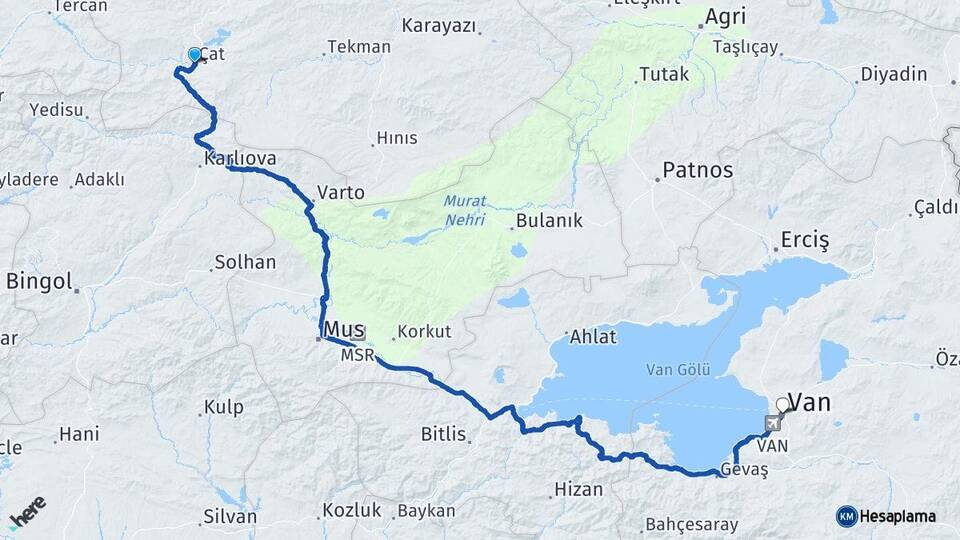 Erzurum Çat Van Arası Kaç Km - Yol Haritası