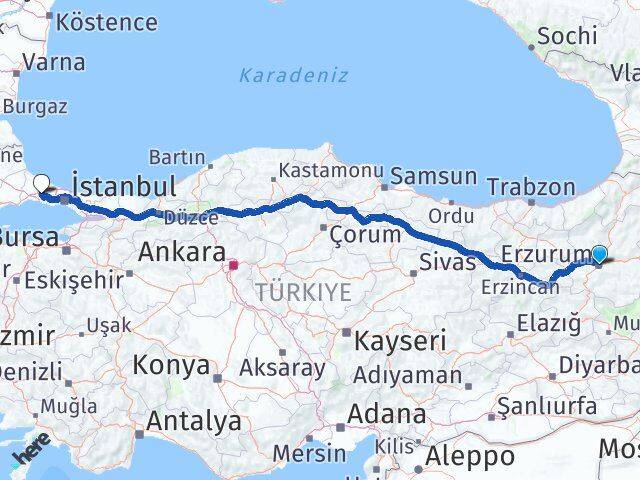 Erzurum Çatalca İstanbul Arası Kaç Km - Yol Haritası