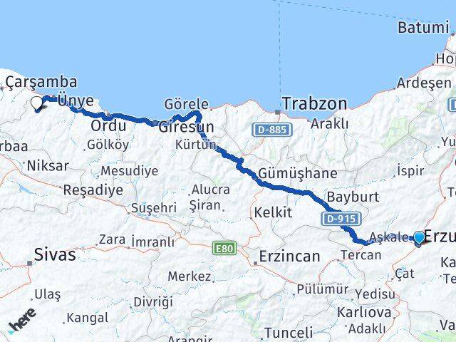 Erzurum Çaybaşı Ordu Arası Kaç Km - Yol Haritası
